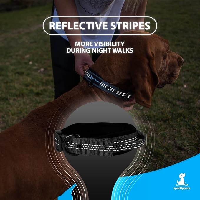SparklyPets Heavy Duty Dog Collar with Handle for Medium and Large Dogs ??Professional Collar with Reflective Stitches, Soft Handle & Nickel-Plated Buckle (Medium (14,5"~18,5"), Gray)