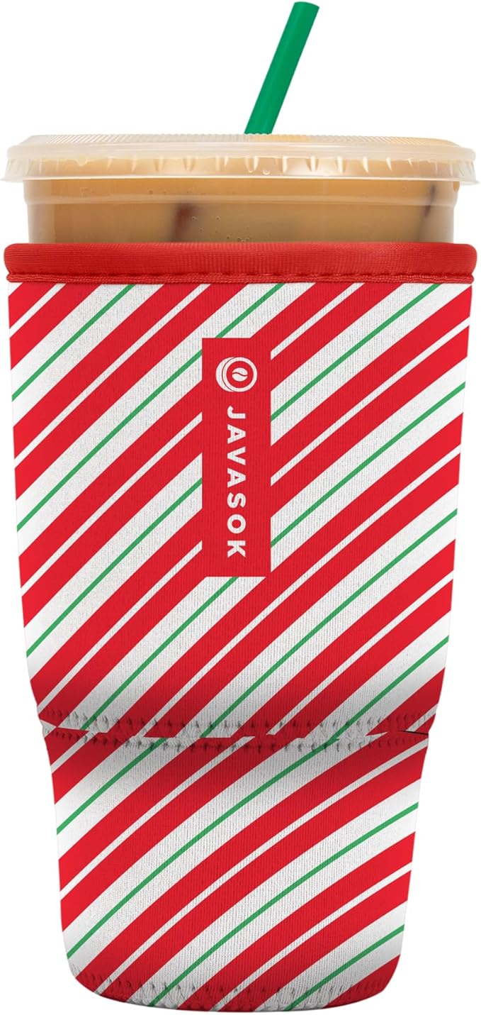 Sok It JavaSok Iced Coffee & Cold Soda Insulated Neoprene Cup Sleeve (Candy Cane Stripes, Large: 30-32oz)