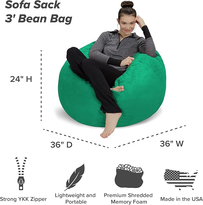 Sofa Sack Bean Bag Chair - Plush, Ultra Soft - Memory Foam Bean Bag Chair with Microsuede Cover - Stuffed Foam Filled Furniture and Accessories for Dorm Room 3 Feet - Aqua Marine