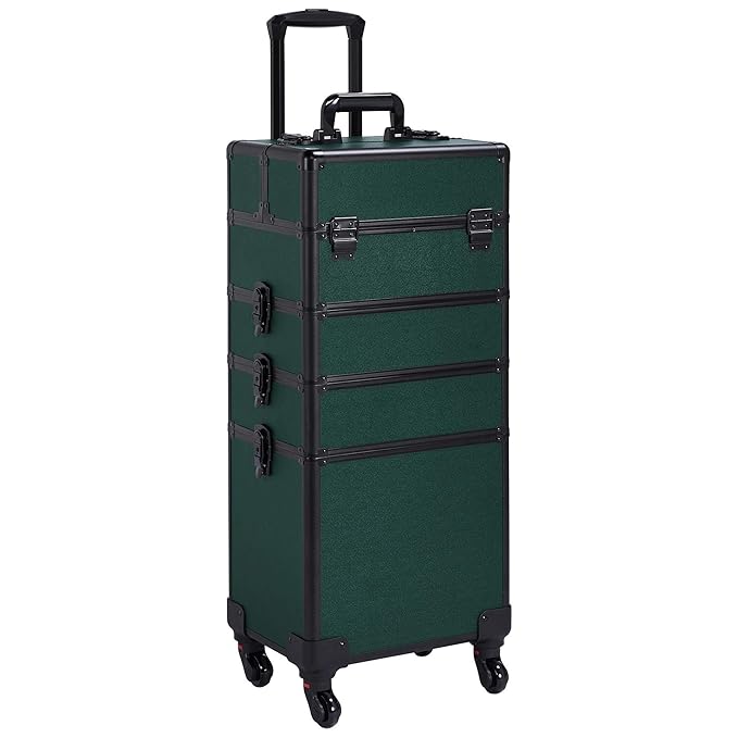 Yaheetech 4 in 1 Aluminum Rolling Makeup Case Professional Cosmetic Case Makeup Train Case Cosmetic Organizer Makeup Trolley Dark Green