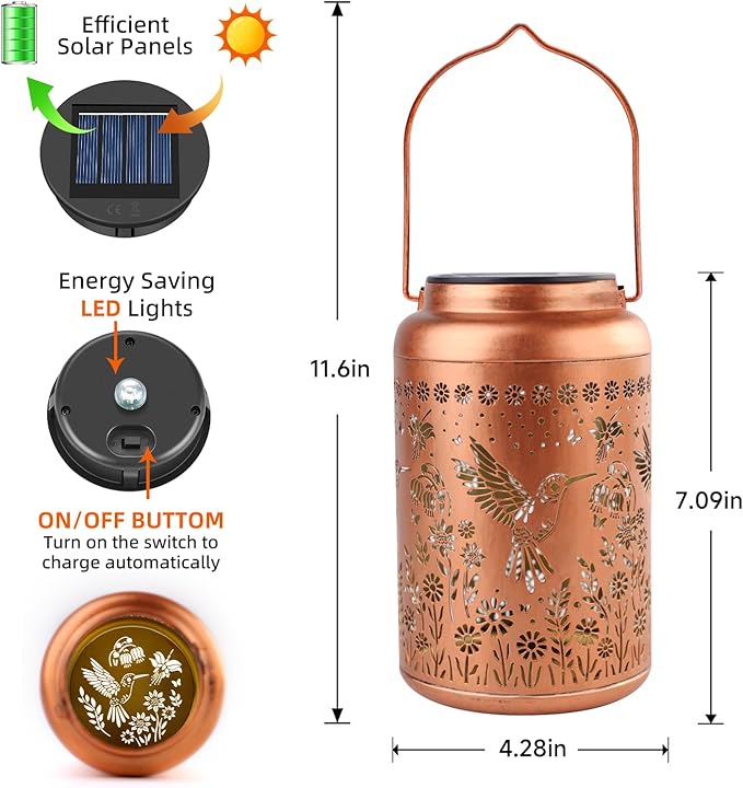 2Pack Hummingbird Solar Lanterns Outdoor Waterproof Lantern Garden Decor Gifts for Women Mom Grandma Hanging Solar Lights Metal Decoration Outside for Yard, Patio,Porch,Tabletop,Pathway
