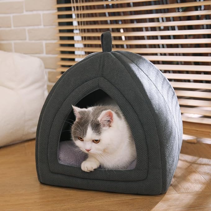 Amazon Basics Cat Cave Bed, 2-in-1 Foldable House for Indoor Cats, with Washable Cushion and Non-Slip Base, 15 x 15 Inches, Small