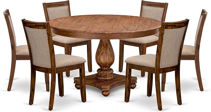 F2MZ7-50N-04 7-Pc Wooden Dining Set Includes a Pedestal Table and 6 Light Tan Polyester Parson Chairs with Padded Back - Antique Walnut
