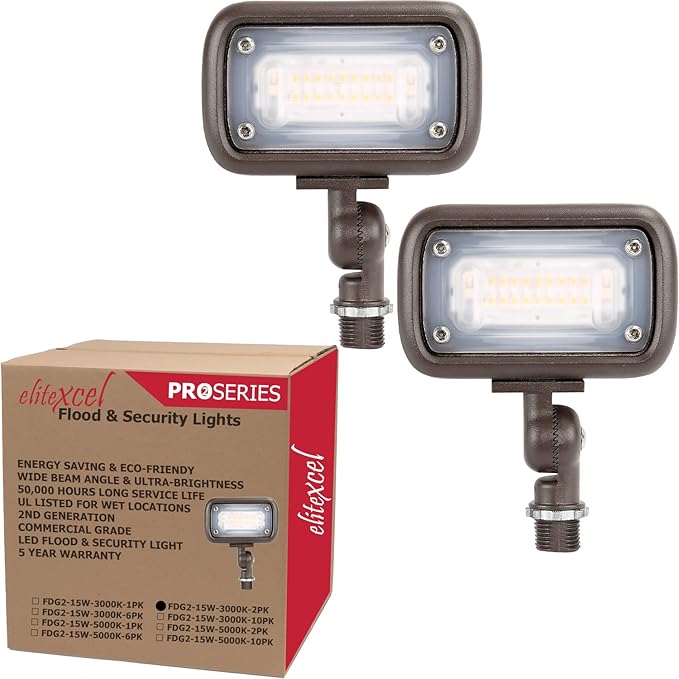 LED Flood Light Outdoor, Gen2 15W Landscape Tree Lights, 1370 Lumen 50W Replacement Waterproof Backyard Security Lights, 3000K Warm White, 1/2" Knuckle Mount, 120-277V and 5 Year Warranty