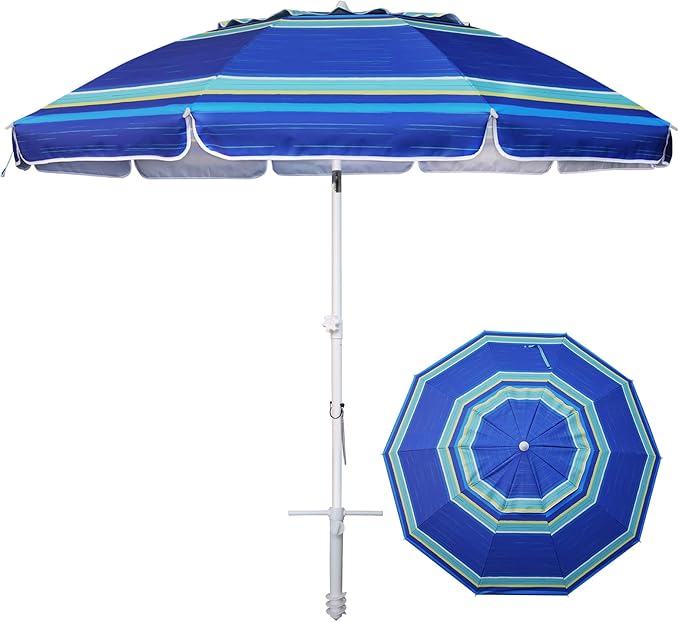 AMMSUN 8 Feet Large Beach Umbrella with Sand Anchor Heavy Duty High Wind Portable Outdoor Umbrellas UV 50+ Protection Air Vent Tilt Patio Garden Pool