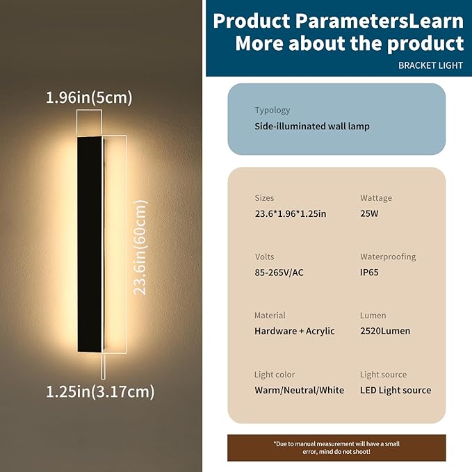 2 Pack Long Outdoor Porch Light, 23.6inch Modern LED Wall Sconce, IP65 Waterproof, 3 Color 3000K/4500K/6000K, 24W, Exterior Linear Lighting Fixture for Patio, Yard, Garage, Balcony