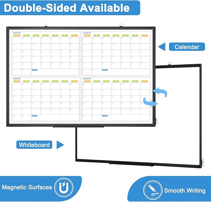 Dry Erase Calendar For Wall 4 Month, WALGLASS 36" x 24" Large Double-sided White Board Calendar, Dry Erase Monthly Planner Board, Black Aluminum Frame Hanging Wall Mounted Board for Office Home School