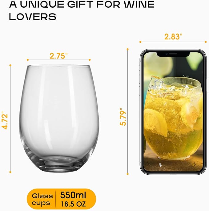 Set Of 8 Stemless Wine Glasses,Hand Blown Red Wine Glasses,Crystal Drinking Glasses Clear Glass Wine Tumbler,18.5oz