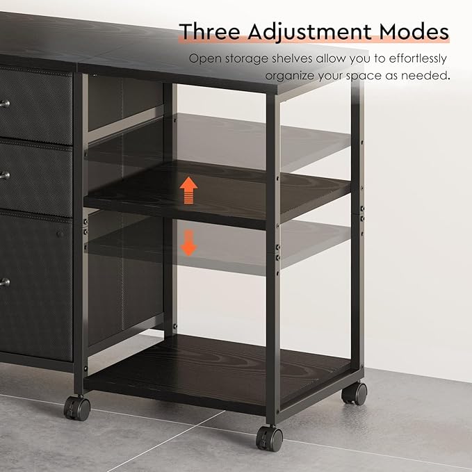 3 Drawer File Cabinet with Wheels Rolling Printer Stand with Open Storage Shelf Fabric Lateral Filing Cabinet for Home Office,Black