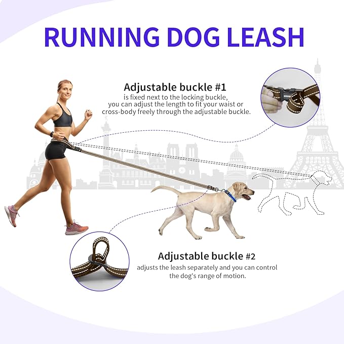 Kazazoo Hands-Free Adjustable Length 5-8 Ft Dog Leash, Waist for Dog Walking, Running for Dogs with Reflective Strips, Ballistic Nylon, Waist Belt Adjustable, Lightweight Brown M