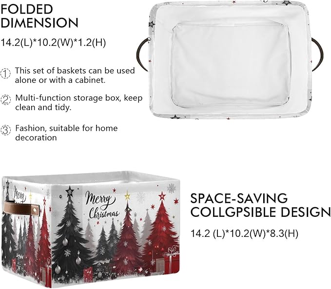 Christmas Tree Storage Basket with Waterproof Liner and PU Handles Xmas Winter Gray Black Red Snowflake Storage Bins Boxes 14.2" Collapsible Decorative Baskets for Bedroom Closet Office 1 Pack