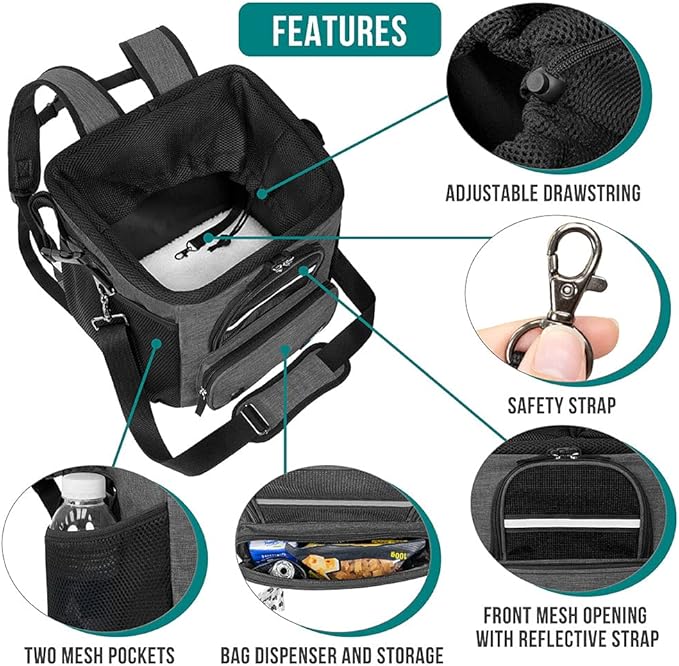 PetAmi Dog Bike Basket, Soft-Sided Ventilated Dog Bike Carrier Backpack, Pet Bicycle Basket for Bike Handlebar, Small Medium Puppy Cat Kitten Car Booster Seat with Safety Strap, Max 18 lbs, Dark Gray