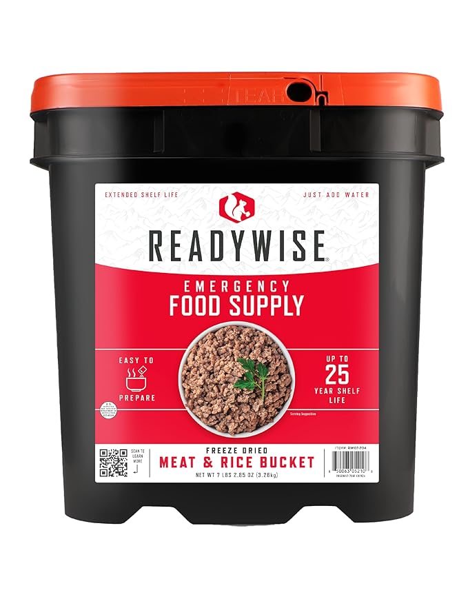 ReadyWise Emergency Food Supply - 88 Servings Meat & Rice Bucket, Freeze Dried Protein Meals, Camping Essentials, Bulk Rice & Survival Food, Disaster Prepping Supplies, up to 25 Year Shelf Life