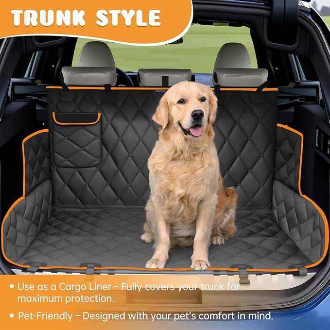 Dog Car Seat Cover for Back Seat 100% Waterproof, Long-Lasting and Soft Nonslip Backseat Dog Cover for Cars, SUVs and Trucks (Black-Orange, Standard (54" W x 59" L))