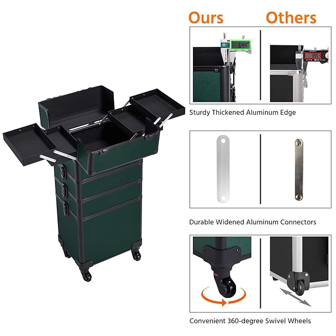 Yaheetech 4 in 1 Aluminum Rolling Makeup Case Professional Cosmetic Case Makeup Train Case Cosmetic Organizer Makeup Trolley Dark Green