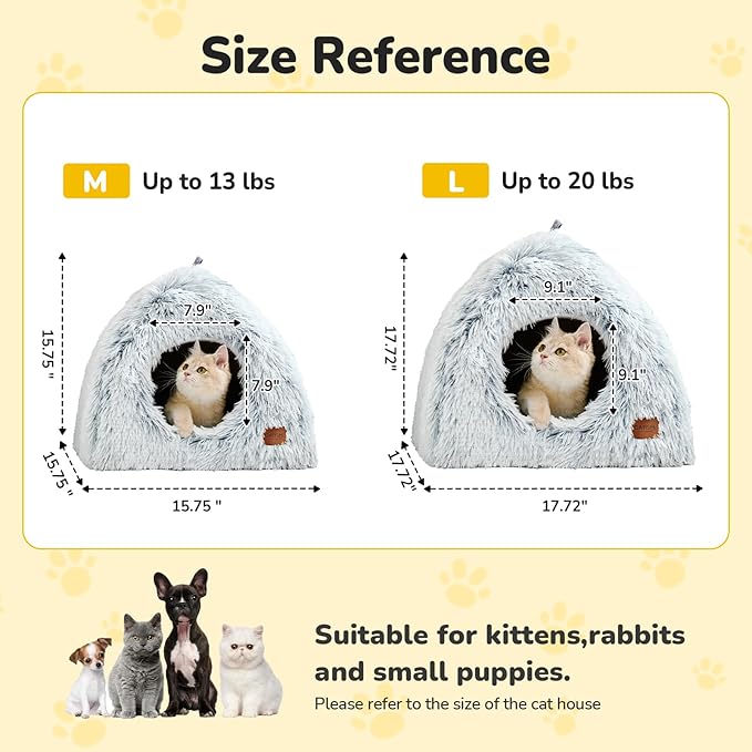 CATISM Cat Beds for Indoor Cats 2 in 1 Cat Bed Cave Machine Washable Fluffy Cat Cave Bed Foldable Non-Slip Washable Cushioned Pillow Soft Plush Premium Cotton Pet Bed for Kittens and Small Dogs Gray L