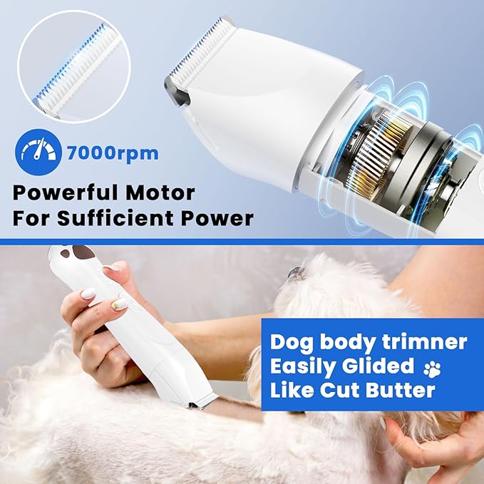 Dog Clippers for Grooming - 4-in-1 Dog Clippers Grooming Kit with Low Noise & IPX7 Waterproof Design Includes Comb Paw Trimmer Nail Grinder - Rechargeable & Cordless Dog paw Trimmer（White）