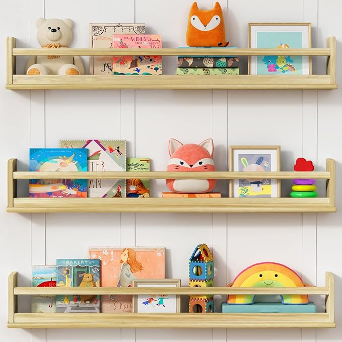 Wooden Wall Bookshelf for Kids Room, Large Nursery Floating Shelves for Kids Bedroom, Natural Wood Wall Mounted Bookshelves for Baby Toddler Classroom Library Books (36 Inch Long, 3-Pack)