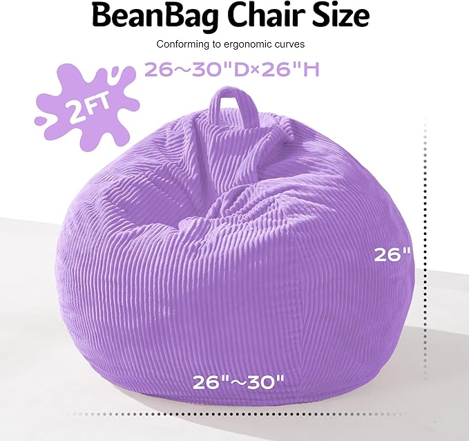 Homguava 2FT Bean Bag Chair,Teardrop Bean Bags Small Beanbag Chair with Memory Foam Filled and Ultra Soft Corduroy Cover for Living Room, Bedroom (Purple)