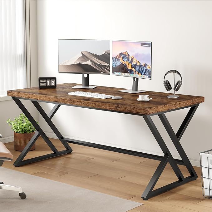 LVB Rustic Computer Desk, Metal Wood Home Office Desk, Industrial Simple Study Executive Desk for Writing Work, Wooden Student Gaming Computer PC Table with Storage for Bedroom, 55 Inch, Rustic Brown