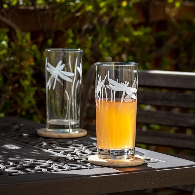 Rolf Glass Dragonfly Highball Glass 15 ounce - Set of 4 Cooler Glasses – Lead-Free Glass - Etched Drinking Glass with Heavy Base - Made in the USA