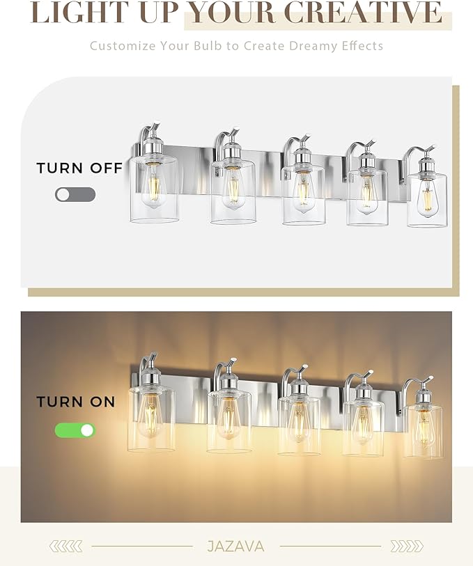 5 Light Bathroom Vanity Light, Brushed Nickel Vanity Lights for Morden Bathroom Lighting Fixtures Over Mirror Wall Light Fixtures with Clear Glass Shade ZCVL01BN-5
