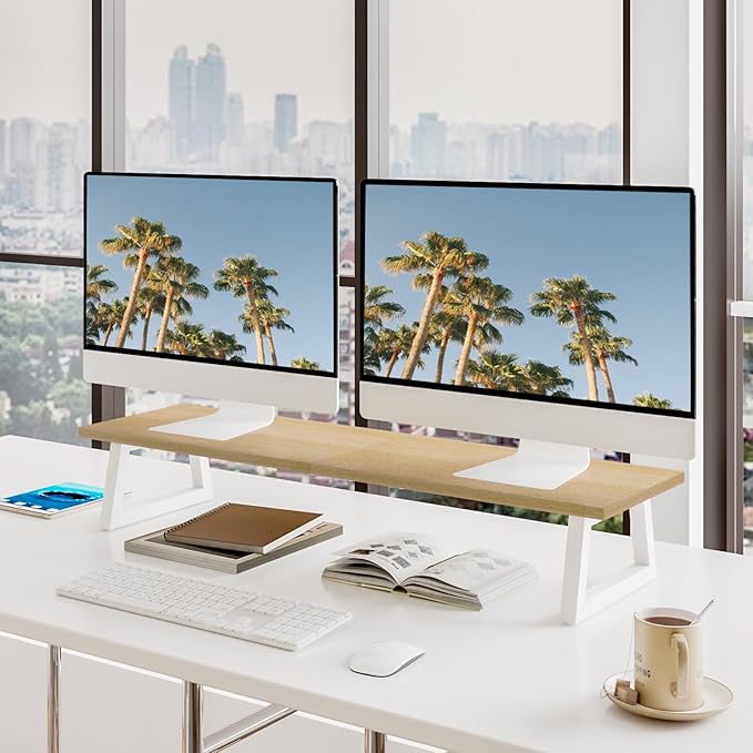 TEAMIX 31.5 inch Dual Monitor Riser - Wide TV Stand for 2 Monitors - Wood & Steel Desktop Riser for Dual Screen Office Desk Organization