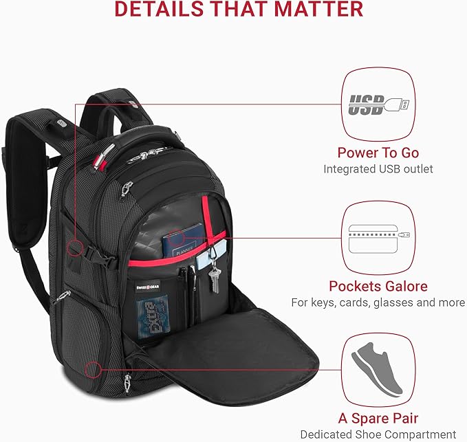 SwissGear Travel Tech Elite Laptop Backpack – Fits Laptops up to 16” – ScanSmart TSA-Friendly Backpack with USB Port, Shoe Compartment & Organizer Pockets – Black Dot