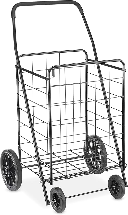Whitmor Extra Large Utility Foldable Shopping Cart with Wheels, 100 Lb Capacity, Heavy Duty Grocery Cart with Steel Frame, Foam Handle, Rolling Collapsible Utility Trolley for Grocery, Laundry, Black