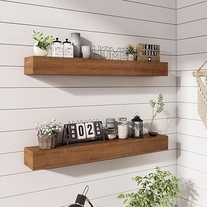 Wall Floating Shelves, Rustic Wood Shelf for Wall Mounted - Wooden Handmade Shelves for Bathroom Kitchen Livingroom(Walnut, 36 Inch - 2 Pack)