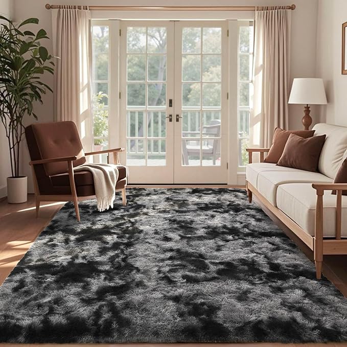6x9 Ft Large Shag Rugs for Living Room Decor, Tie-Dyed Ultra Soft Fluffy Furry Area Rugs for Bedroom Indoor Floor, Aesthetic Carpet for Kids Home (Dark Grey)