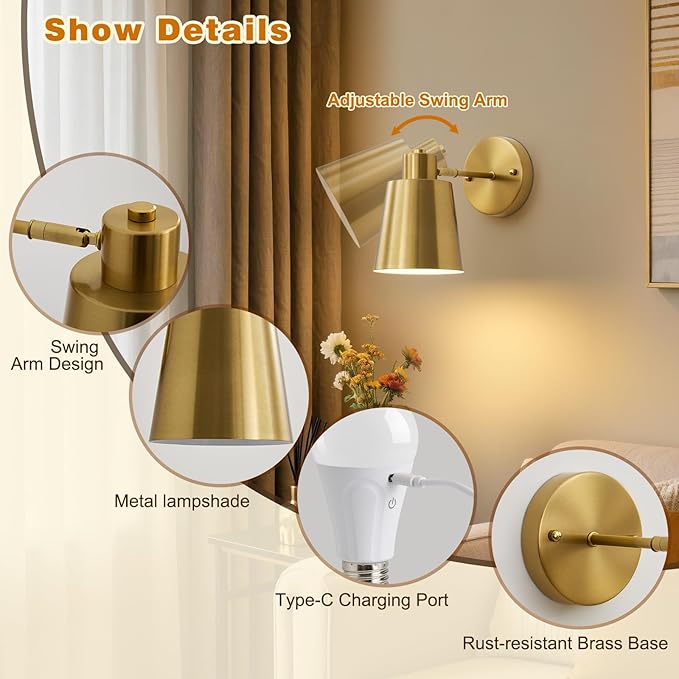 Gold Battery Operated Wall Sconces Set of Two with Remote, Rechargeable Battery Powered Wall Lights, 3 Color Temperature, Dimmable, Modern Wireless Wall Lamps for Bedroom Living Room Hallway