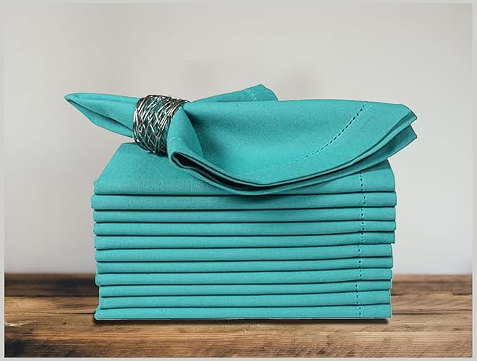 Bedding Craft Cotton Cloth Dinner Napkins Set of 12 – 18x18 Latigo Bay Teal with Hemstitched Mitered Corners – Machine Washable Reusable Napkins for Weddings, Parties & Daily Use