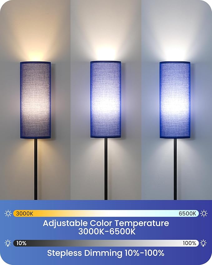 Dimmable Blue Floor Lamp for Living Room with Remote and Foot Switch, Corner Floor Lamp for Bedroom, 64.4" Standing Tall Lamp, 10W 900LM Bulb Included, 3000K-6500K, Linen Shade, FCC Listed U06LD05W1