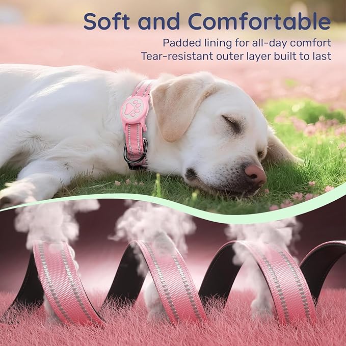 Airtag Dog Collar, Reflective Ultra-Durable Nylon Padded with QR Code Buckle & IP68 Waterproof Air Tag Holder Compatible for Apple AirTag, Comfortable for Small Medium Large Dogs(Pink,L)