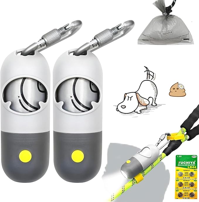 Dog Poop Bags Holder with LED Flashlight|Pet Waste Bags Dispenser for Leash|Doggie Potty Bags Container with Leak-proof Pet Trash Bags and Accessories (Light Gray, 2 Holder 30 Bags)
