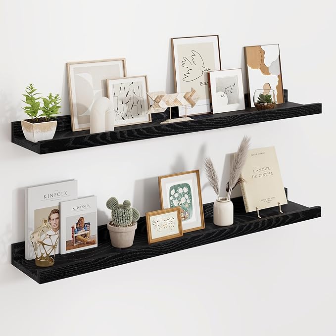 Floating Picture Ledge Shelves 36 Inch Solid Oak Wood Set of 2, Rustic Wall Storage Shelves with Lip, Kids Bookshelf, Photo & Picture Ledge Shelves for Bedroom, Living Room, Kitchen