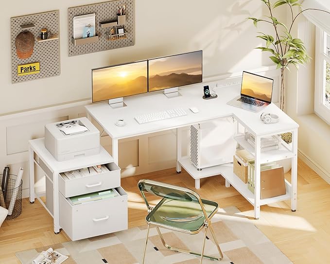 Casaottima L Shaped Desk with Drawers & File Cabinet, Reversible White Computer Desk with Storage Shelves & CPU Stand, Corner Desk with Power Outlets, L Table for Home Office