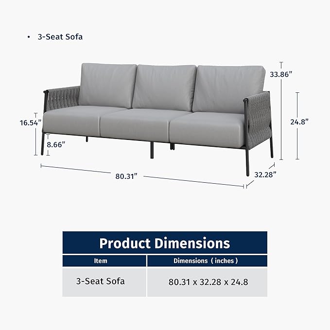 EAST OAK Life Chatter Outdoor Patio Furniture | Outdoor Sofa 3 Seats with Waterproof Thick Cushions | Deep Seating Modern Patio Sofa for Garden, Porch, Balcony & Backyard | Misty Grey