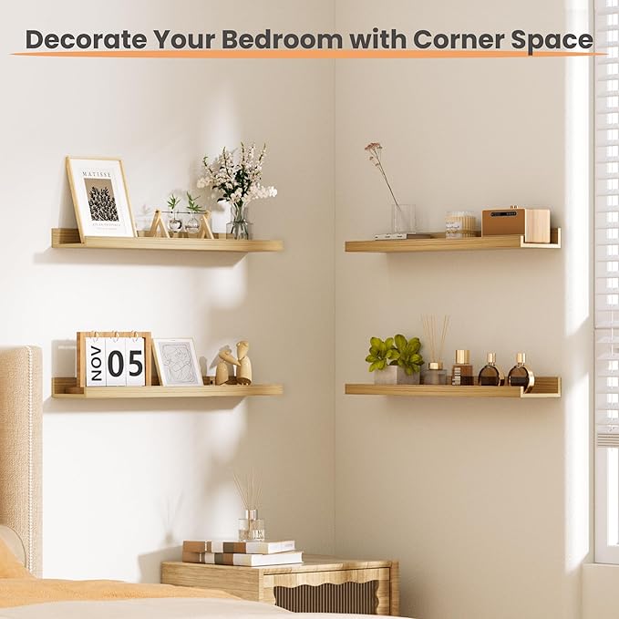 upsimples Floating Shelves for Wall, 23.6 Inch Shelves for Decor Storage Set of 6, Wall Mounted Wood Shelf for Bedroom, Living Room, Bathroom, Kitchen, Long Picture Ledge Shelves, Natural