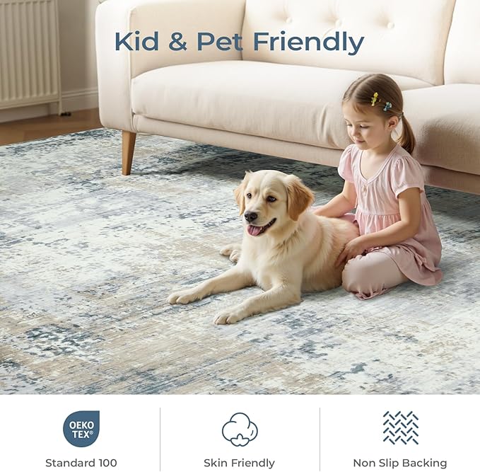 Washable Rugs 5x7 Area Rugs for Living Room, Blue Beige Modern Abstract Carpet for Bedroom, Non-Slip Soft Accent Rug for Kids Room Office Dining Room