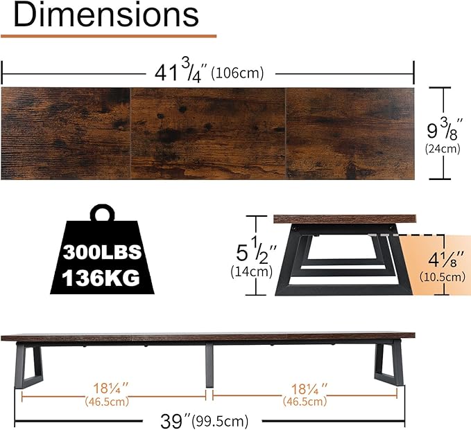 TEAMIX 42 inch Large [Dual] [Monitor] [Riser],Rustic Brown Extra Long TV [Stand Wood & Steel Desktop [Riser] with Storage for [Dual] Screen Office Desk Organization