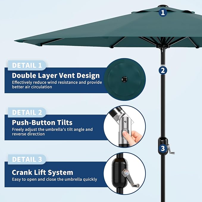 Garvee 10FT Patio Umbrella - Outdoor Table Umbrella with Crank Lift & Push Button Tilt - Market Umbrella 8 Sturdy Ribs UV Protection for Pool, Deck, Yard, Garden - Turquoise