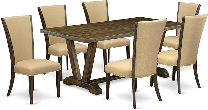 East West Furniture V777VE703-7 7 Piece Dining Table Set Consist of a Rectangle Dining Room Table with V-Legs and 6 Brown Linen Fabric Parsons Chairs, 40x72 Inch, Multi-Color
