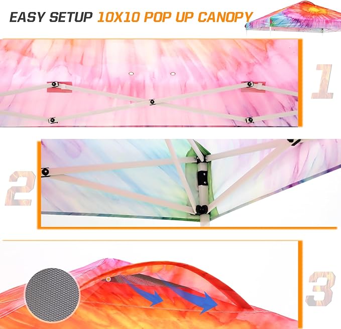 EAGLE PEAK Pop Up Canopy Tent with Wheeled Carry Bag, 8 Stakes, 4 Ropes, 4 Weight Bags, Easy Set Up Tent Canopy, 10x10 ft, 100sqft of Shade, Floral Tie Dye