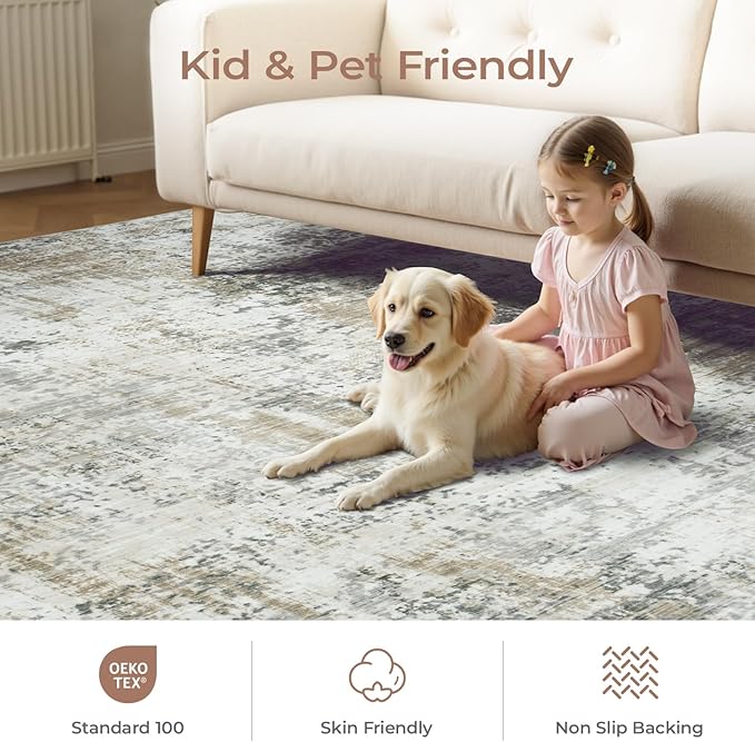 8x10 Area Rugs for Living Room, Abstract Neutral Large Washable Rug, Modern Soft Non-Slip Floor Carpet for Bedroom Dining Room Home Decor, Brown Tan