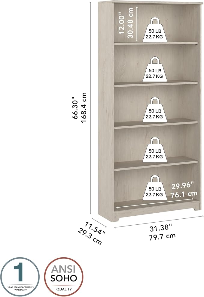 Bush Furniture Cabot Tall 5 Shelf Bookcase | Large Open Bookshelf in Linen White Oak | Sturdy Display Cabinet for Library, Living Room, and Home Office