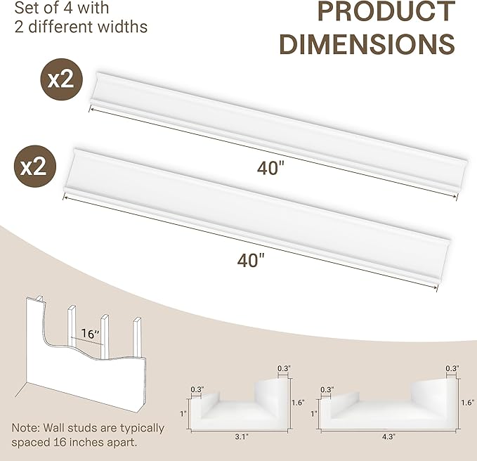 Fun Memories 40 Inch Floating Shelves for Wall - Wall Shelves with Lip Set of 4 - Nursery Bookshelf for Storage - Picture Ledge Shelf for Bedroom - Living Room - Kitchen - White Color
