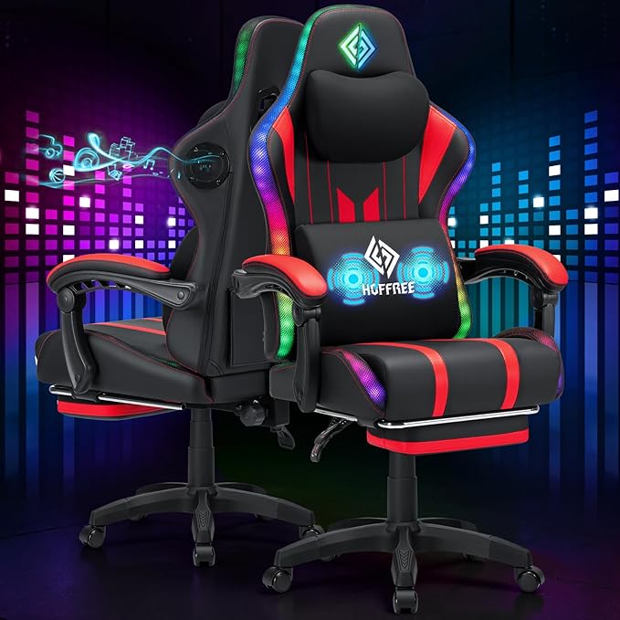 HOFFREE Gaming Chair with Music Rhythm RGB LED Lights and Bluetooth Speakers Ergonomic Massage Computer Gaming Chair with Footrest Video Game Chair High Back with Lumbar Support Red and Black