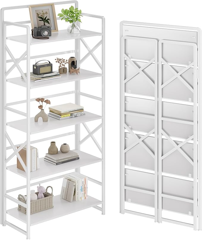 No Assembly Folding Bookshelf, 5 Tiers Vintage Wood Collapsible Book Shelf for Storage,Industrial Metal Foldable Bookcase Organizer for Living Room Bedroom Home Office (White)